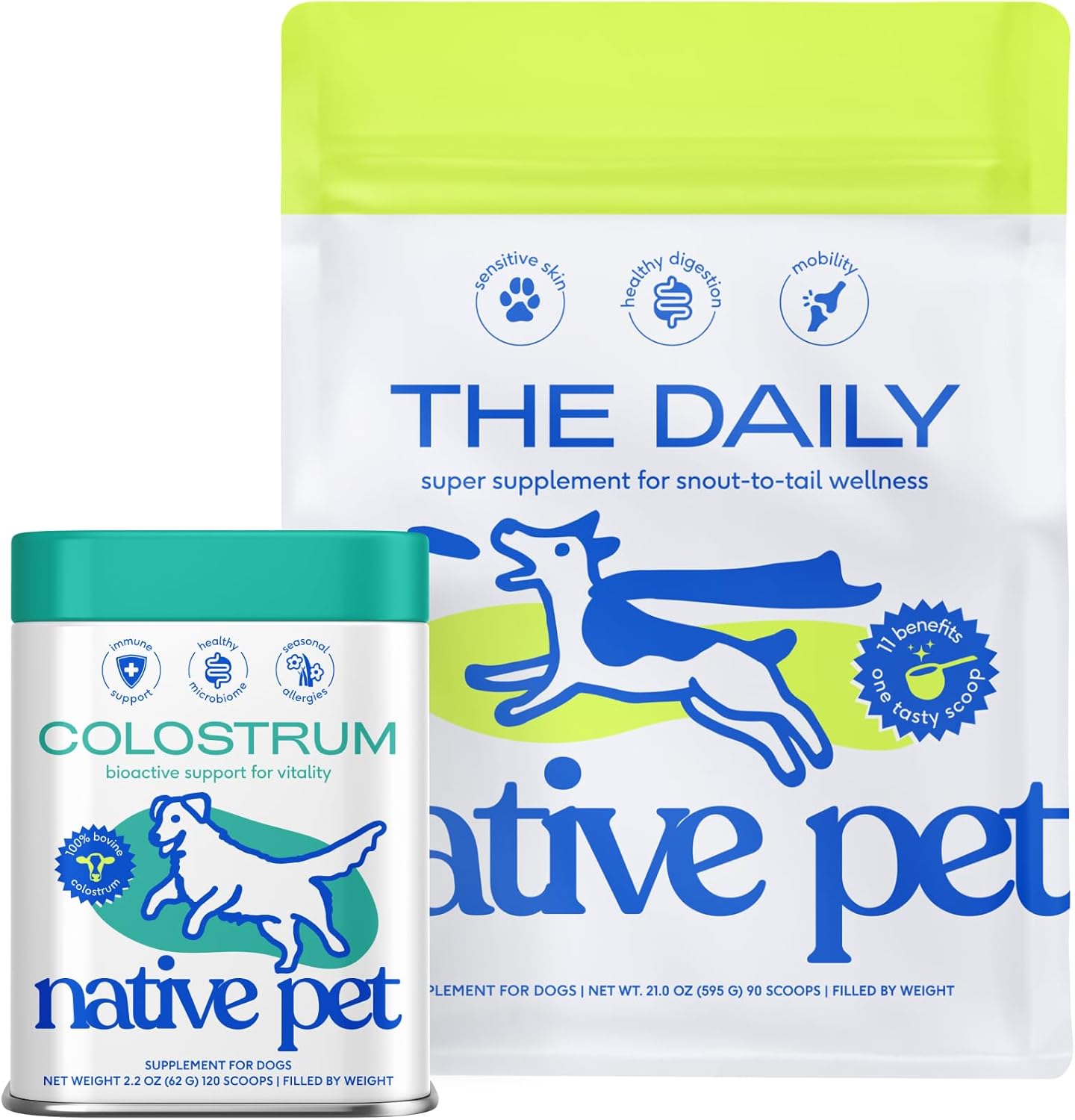 Native Pet Super Pup Bundle: Colostrum for Dogs (120 Scoops) & The Daily Dog Multivitamins (90 Scoops) - Bovine Colostrum Powder & 11-in-1 Multivitamin for Pups of All Breeds, Size, & Ages
