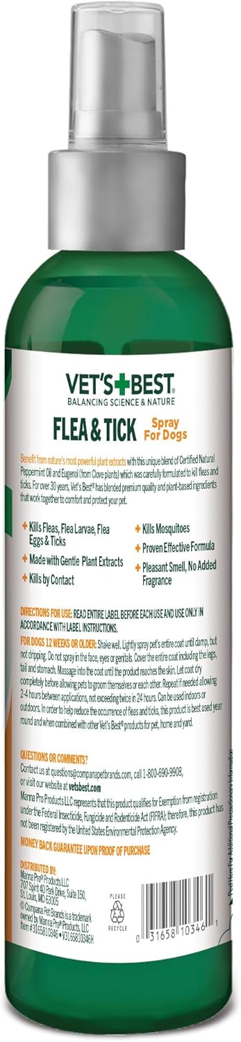 Vet's Best Natural Flea and Tick Spray for Dogs – Plant-Based Flea Repellent with Certified Essential Oils – Natural Pest Control and Prevention – Non-Toxic Formula for Home Use – 8 oz Bottle