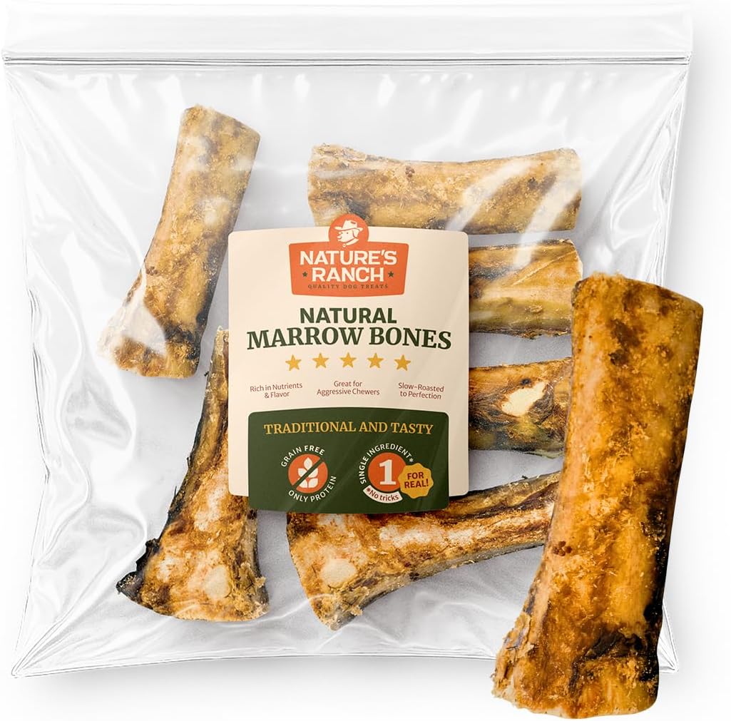 Nature's Ranch Premium Marrow Bones for Dogs – 3–4 Inch, 6 Pack, 100% Natural, Slow-Roasted, Long-Lasting Chews for Dental Health | Ideal for Small & Medium Dogs