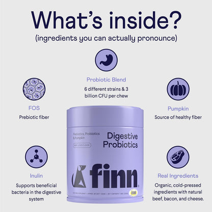 Finn Digestive Probiotics for Dogs - Complete Digestive System Support with Pumpkin, Prebiotics, & Live Probiotics - Vet Recommended & Made in The USA - 90 Soft Chews
