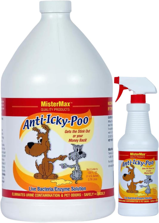 Mister Max Anti Icky Poo Pet Urine Enzyme Cleaner & Feces Odor Remover, Enzymatic Cleaner for Dog & Cat Urine, Pet Odor Remover Spray, 1 Gallon & Quart Size Original Scent