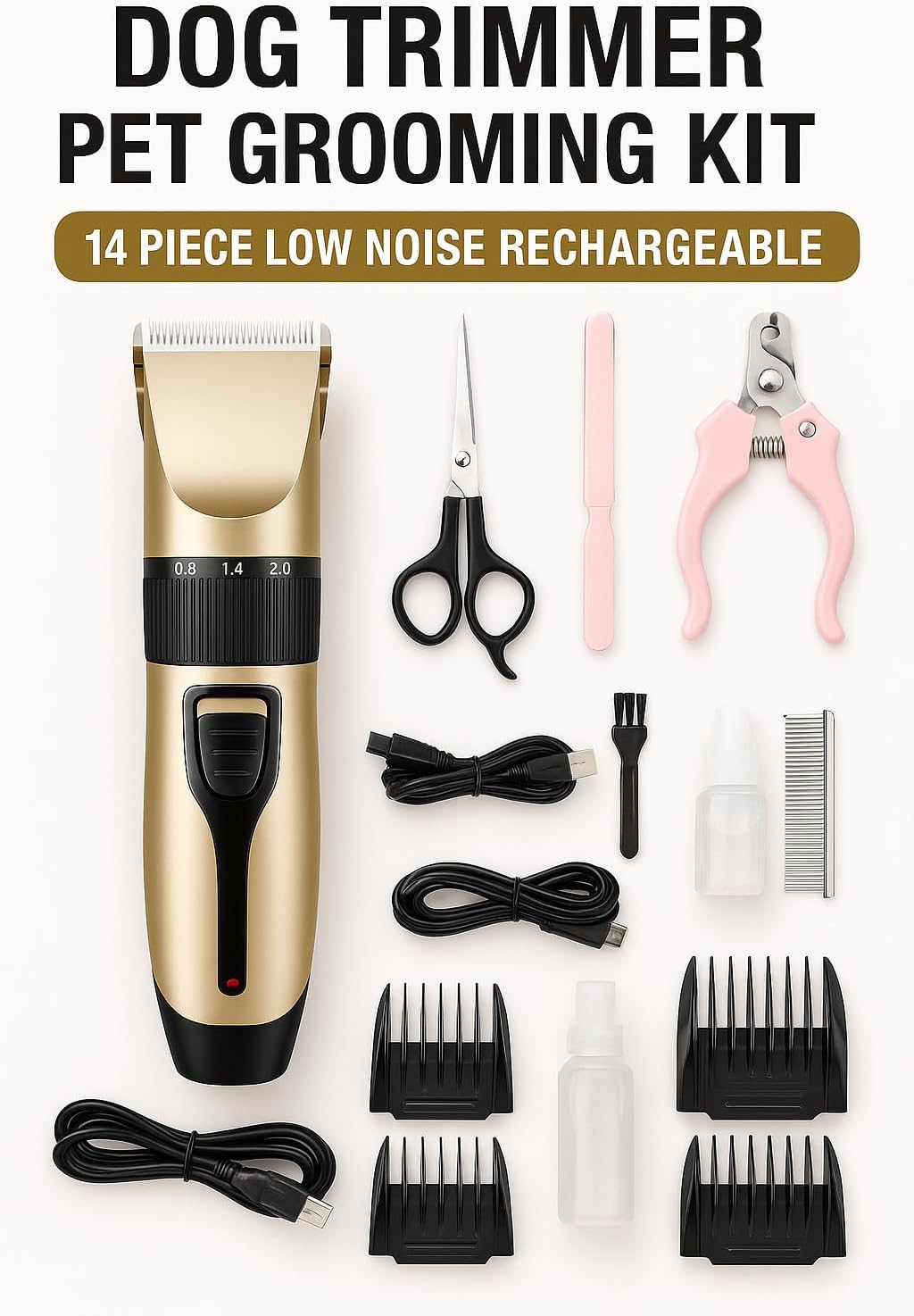 Dog Trimmer Pet Grooming Kit, 14 Piece Low Noise Rechargeable, Dog Shaver Cordless Electric Quiet, Nail Clipper, Filer, Scissors, Paw Trimmer Complete Set for Dog Cats Pets (Gold)