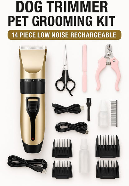 Dog Trimmer Pet Grooming Kit, 14 Piece Low Noise Rechargeable, Dog Shaver Cordless Electric Quiet, Nail Clipper, Filer, Scissors, Paw Trimmer Complete Set for Dog Cats Pets (Gold)