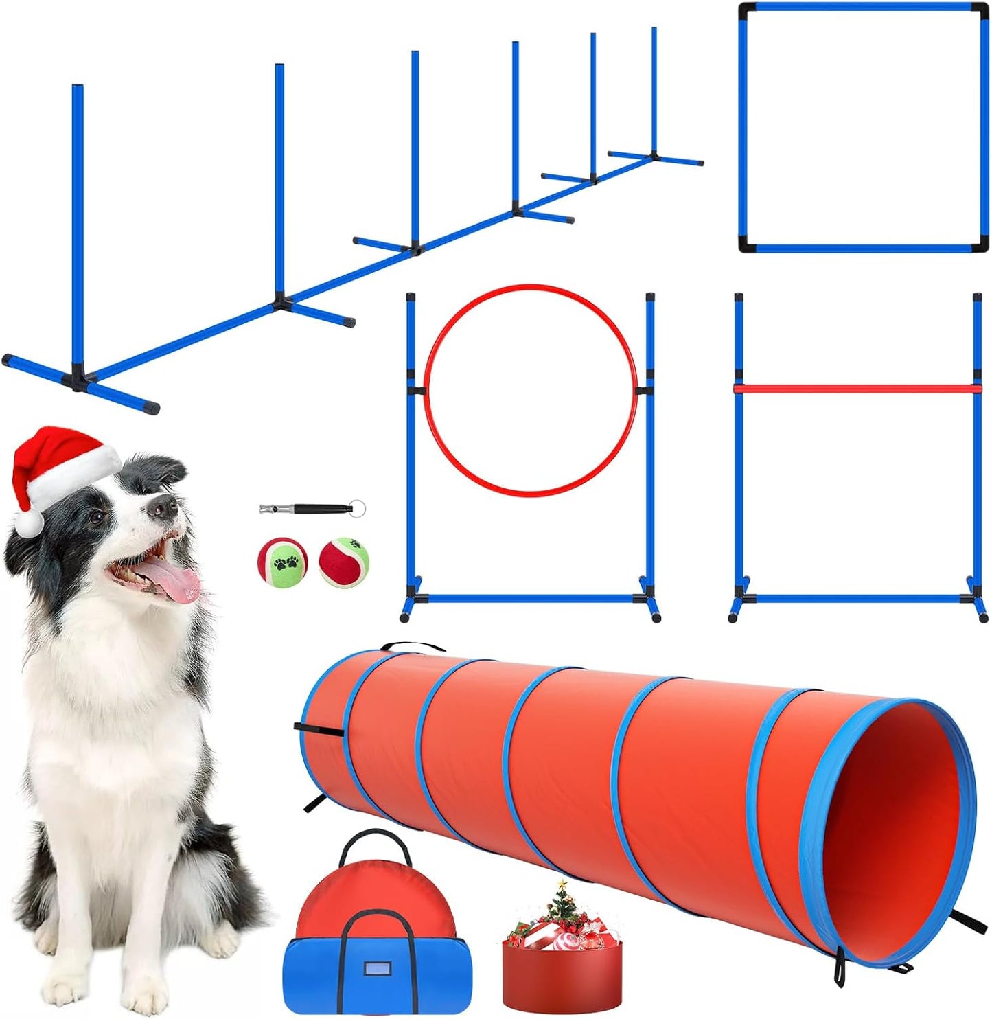 Dog Agility Equipment, Dog Agility Course Backyard Set Obstacle Course Backyard Includes Adjustable High Hurdle,6 Weave Poles,Extended Tunnel,Jump Ring,Square Pause Box,2 Balls,Whistle,2 Carrying Bags