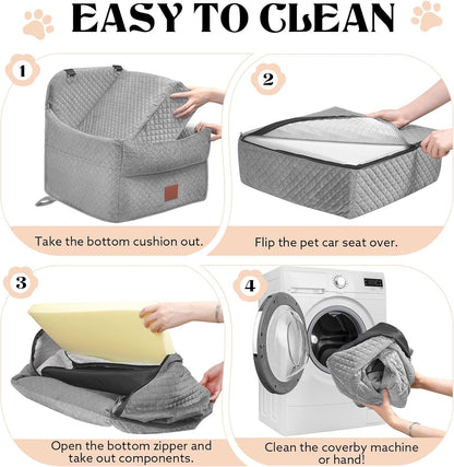 Dog Car Seat for Small/Medium Dogs Under 35lbs, Memory Foam Dog Booster Seats with Washable Removable Cover, Portable Travel-Safe Bed with 2 Safety Belts and Storage Pockets (Grey, Medium)