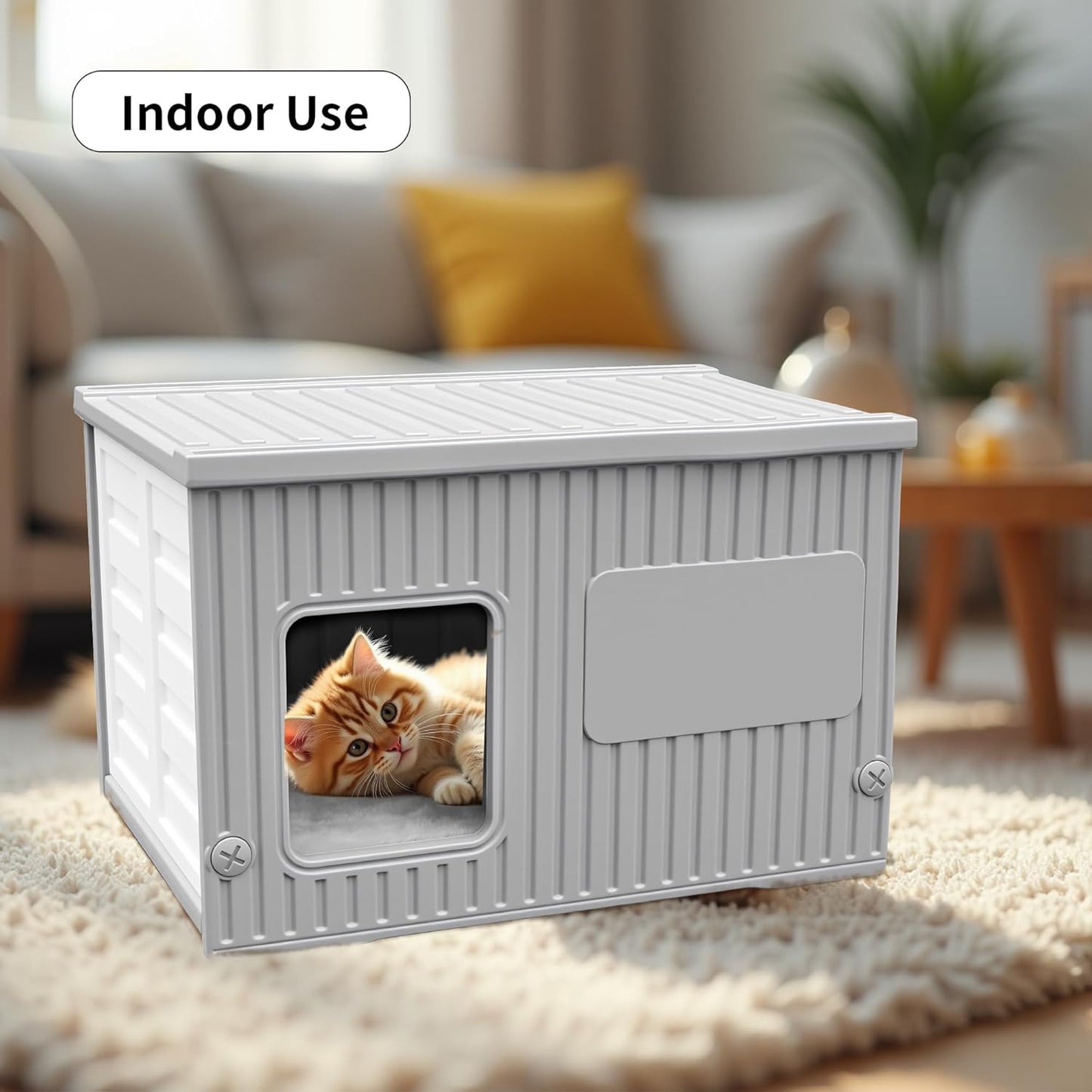 Waterproof Outdoor Cat House with Soft Mat, Plastic Cat Houses for Outdoor Cats Feral Cat House, Sturdy Cat Bed for Small Pet, Spacious, Assemble Easily-Grey