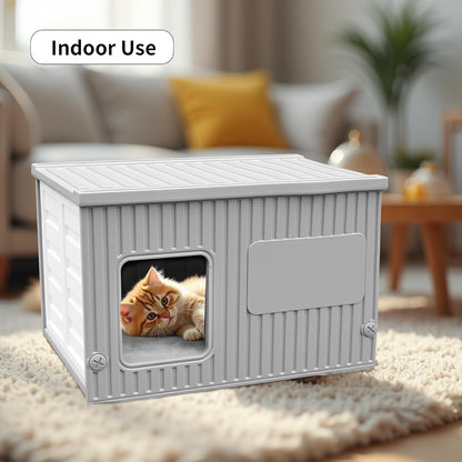 Waterproof Outdoor Cat House with Soft Mat, Plastic Cat Houses for Outdoor Cats Feral Cat House, Sturdy Cat Bed for Small Pet, Spacious, Assemble Easily-Grey
