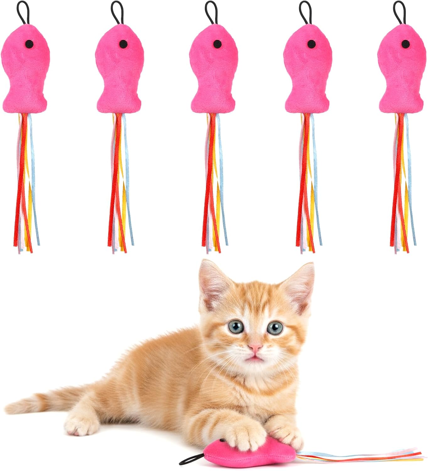 5 Pcs Cat Toys Rose Red Fish, Premium Cat Wand Toy Accessories with Ribbons Catnip Toys for Indoor Cats Exercise and Play