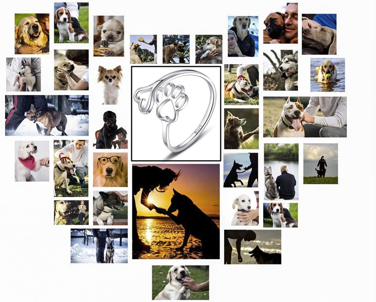 Puppy Lovers Paw Print Heart 925 Sterling Silver Adjustable Ring - Pet Animal Jewelry Creative Pierced Love Dog Cat Claw Ring - Gift for Pet Loving Friends and Families