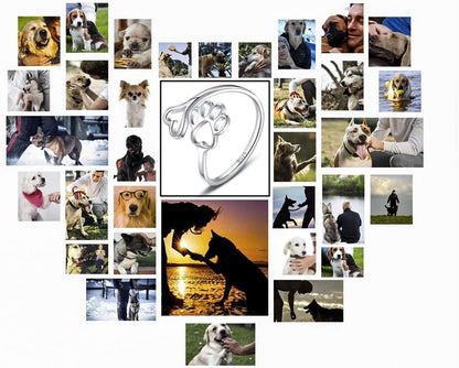 Puppy Lovers Paw Print Heart 925 Sterling Silver Adjustable Ring - Pet Animal Jewelry Creative Pierced Love Dog Cat Claw Ring - Gift for Pet Loving Friends and Families