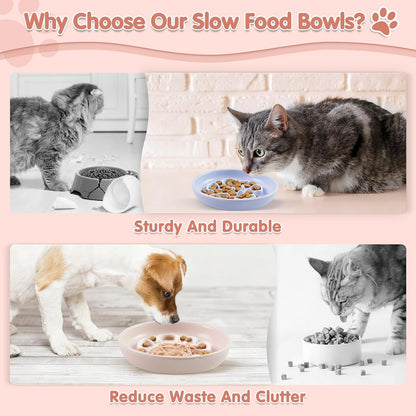 Cat Slow Feeder Bowl Set - 2 Pcs Pastel Series Cat Plate for Dry and Wet Food - Cute Maze Feeder Dish for Healthy Eating- Slow Feeding Bowls Whisker Friendly - Dishwasher Safe.(Blue and Pink)