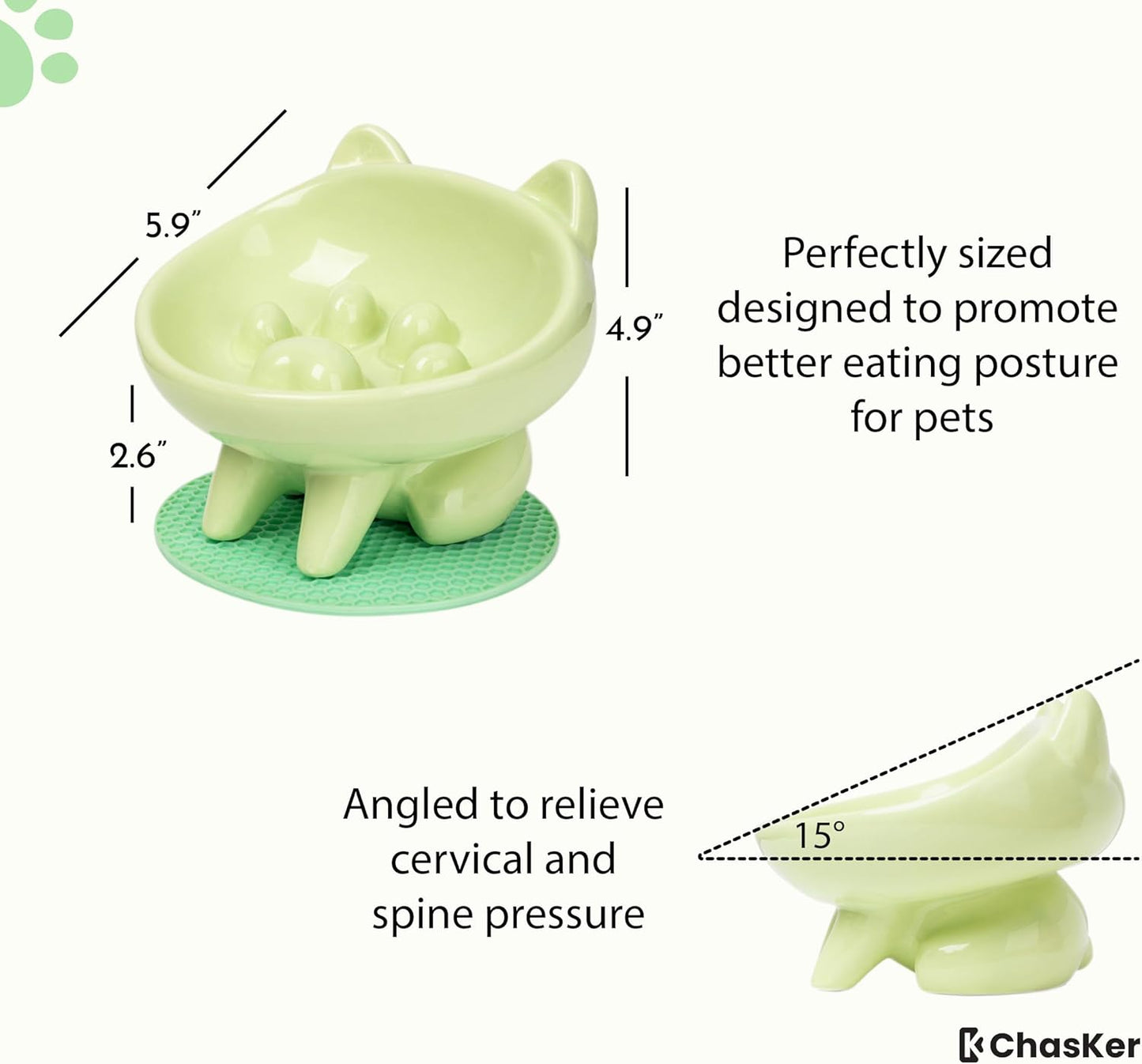 Ceramic Slow Feeder Bowl, Elevated Slow Feeder, Wide-Mouth, PAW Design, Stylish Design, for Fast Eaters, Non Slip, Dogs, Cats, Pets, Small & Medium Sized Breeds, (Green)