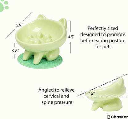 Ceramic Slow Feeder Bowl, Elevated Slow Feeder, Wide-Mouth, PAW Design, Stylish Design, for Fast Eaters, Non Slip, Dogs, Cats, Pets, Small & Medium Sized Breeds, (Green)
