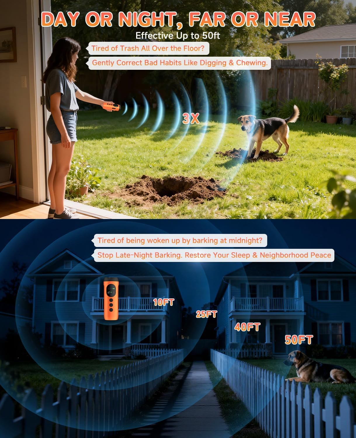 3X Ultrasonic Dog Bark Deterrent, 50ft Long Range Anti Barking Device for Stubborn & Neighbor's Dog, Rechargeable Behavior Training Tool with Flashlight, Safe Humane for Indoor Outdoor Use