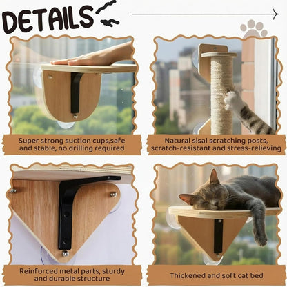 Novabright 3-in-1 20-inch Cat Window Perch Hammock with Climbing Step and Scratching Post, Raw Wooden Window Mounted Cat Bed, Supports 22lbs (Drilling-Free)