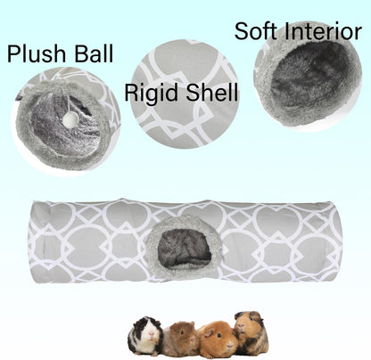 LUCKITTY Plush Inside Stright Shape Small Animals Tube Tunnel with Interactive Ball for Guinea Pig, Hamster, Chinchilla, Hedgehog Hiding and Resting, Geometric Grey