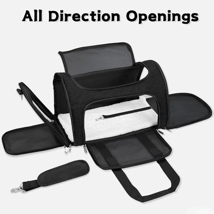 Soft-Sided Cat/Dog/Pet Carrier, Collapsible Pets Travel Carriers for Big Cats/Small Dogs with Shoulder Strap & Removable Mat, Mesh Puppy Carry Bag, Up to 16 Lbs, TSA Airline Approved(Black)