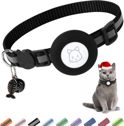 Airtag Cat Collar, Air tag Cat Collar with Bell and Safety Buckle in 3/8" Width, Reflective Collar with Waterproof Airtag Holder Compatible with Apple Airtag for Cat Dog Kitten Puppy (Black)