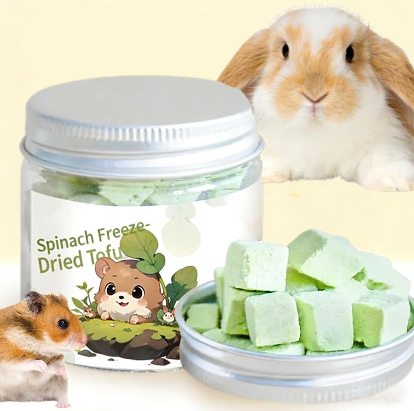 Freeze Dried Tofu for Hamsters High Protein Low Fat & Balanced Minerals Grain Single Ingredient Natural Treats for Rabbits Guinea Pigs & Small Pets (Freeze-Dried Tofu - Spinach)