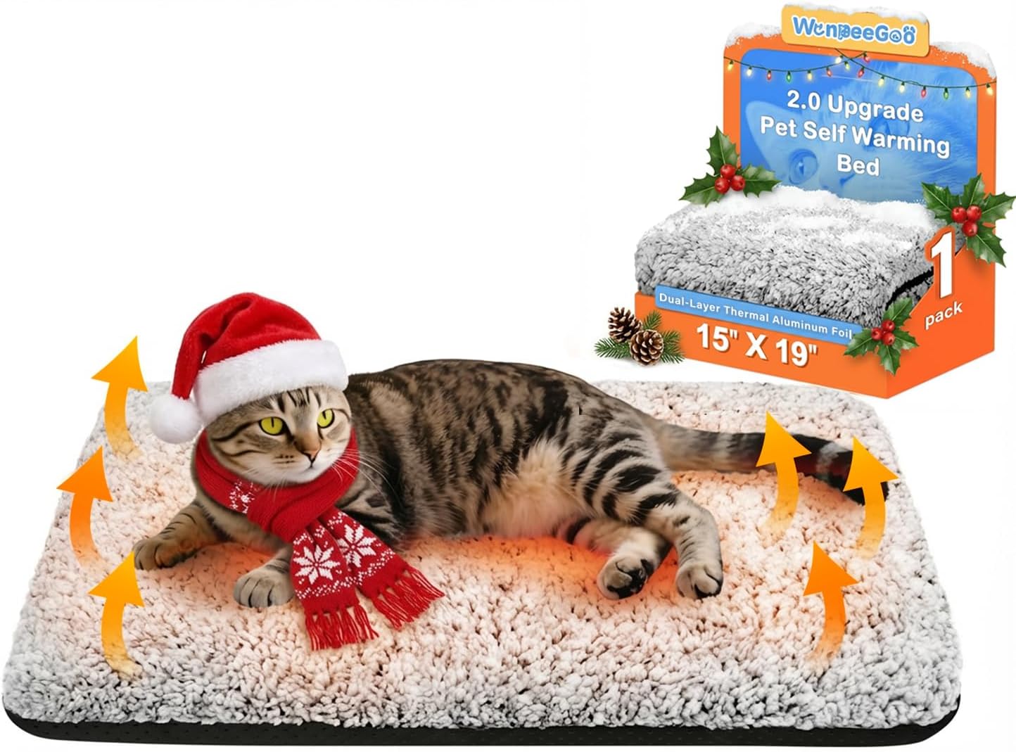 Self Warming Cat Bed, Heated Cat Bed, 2.0 Upgraded Dual-Layer Thermal Foil Heating Pad, Plush Self-Heating Pet Mat for Crate, Floor, with Removable Washable Cover, Non-Slip, 15"x19"