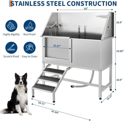 62" Pet Dog Bathing Station with Ramp, Professional Stainless Steel Dog Grooming Tub with Soap Box, Faucet, Dog Bathtub for Large,Medium,Small Pets, Washing Sink for Home