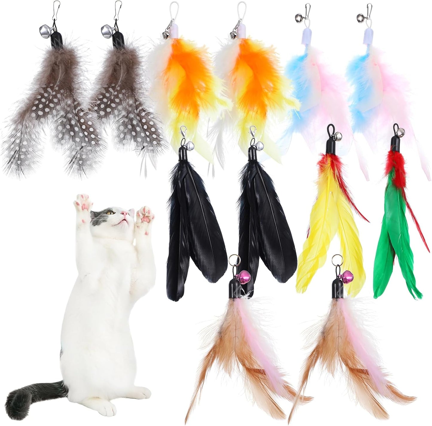 12 Pack Cat Feather Toys Refills with Bells Cats Wand Replacement Feathers Toy Natural Feather Replacement for Exercise Play Vibrant Wand Attachments Safe Cats Toy Accessories for Bored Indoor Cat