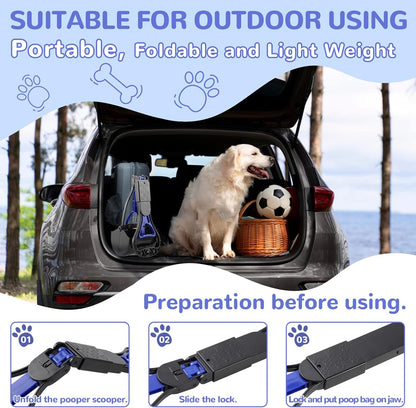 Pooper Scooper for Dogs, 24" Long Handle for One-Hand Opertating, Foldable and Portable, Easy to Use on Grass, Dirt, Gravel - Blue