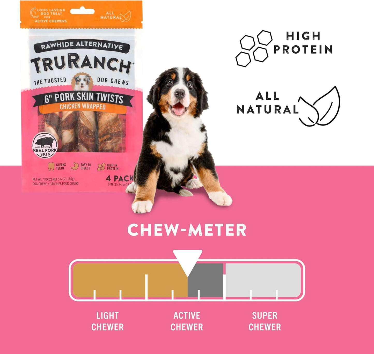 TRURANCH 6" Pork Skin Twists - Collagen Chews for Dogs - Chicken Wrapped Jerky - Made with Real Pork Skin - Rawhide Alternative - Limited Ingredient - Easy to Digest Treat, 1 Bag, 9 Count
