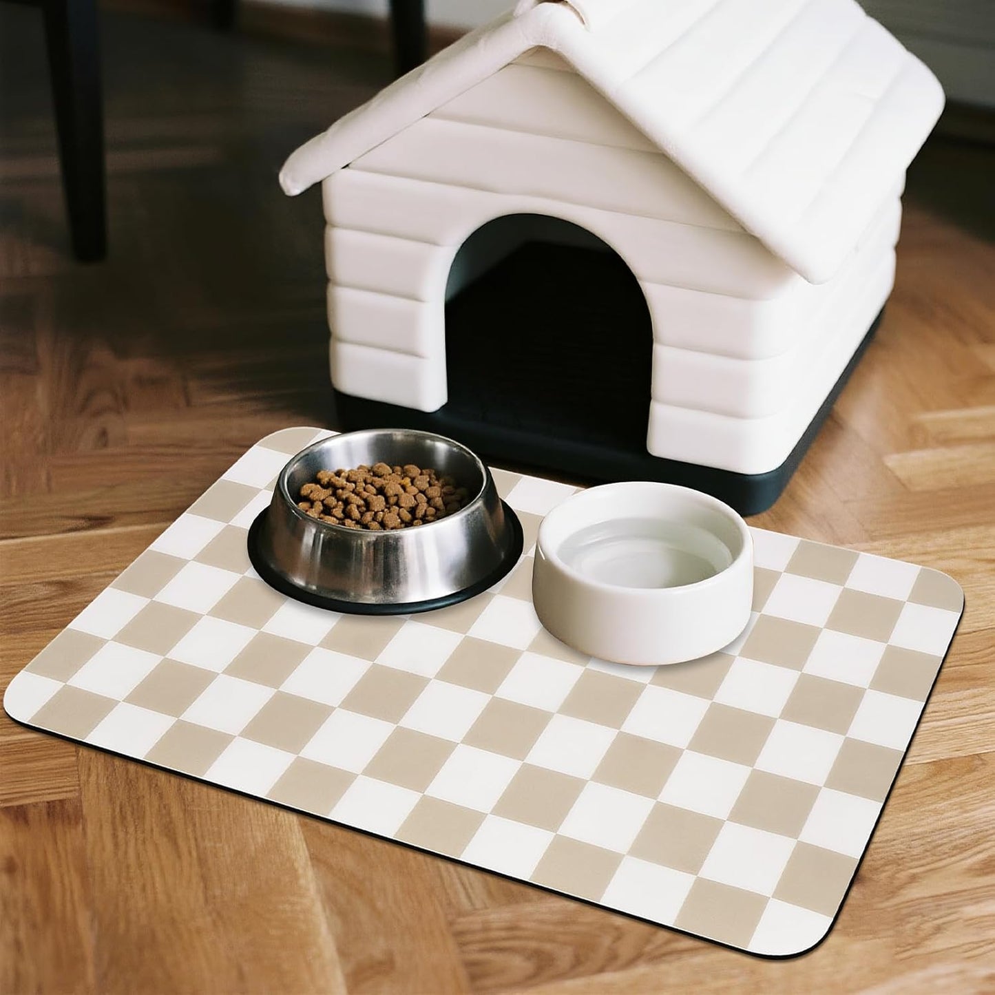 Checkered Dog Food Mat, Absorbent Leak-Proof Pet Feeding Mat, Quick Dry Cat Food Mat for Messy Drinkers 12" x 20" Khaki