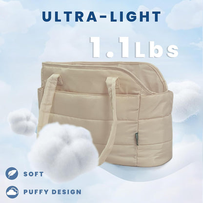 Lightweight Dog Purse Carrier for Small Dogs Under 15 lbs, Puffy Quilted Pet Carrier Tote for Puppies with Safety Leash Clip, Women's Hands-Free Dog Carrier Bag for Travel/Shopping (Brown)