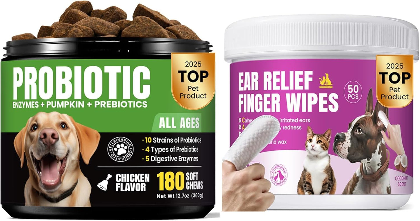 Probiotics for Dogs - Dog Probiotics with 5 Enzymes & 4 Prebiotics + Pet Ear Cleaning Finger Wipes for Dogs & Cats
