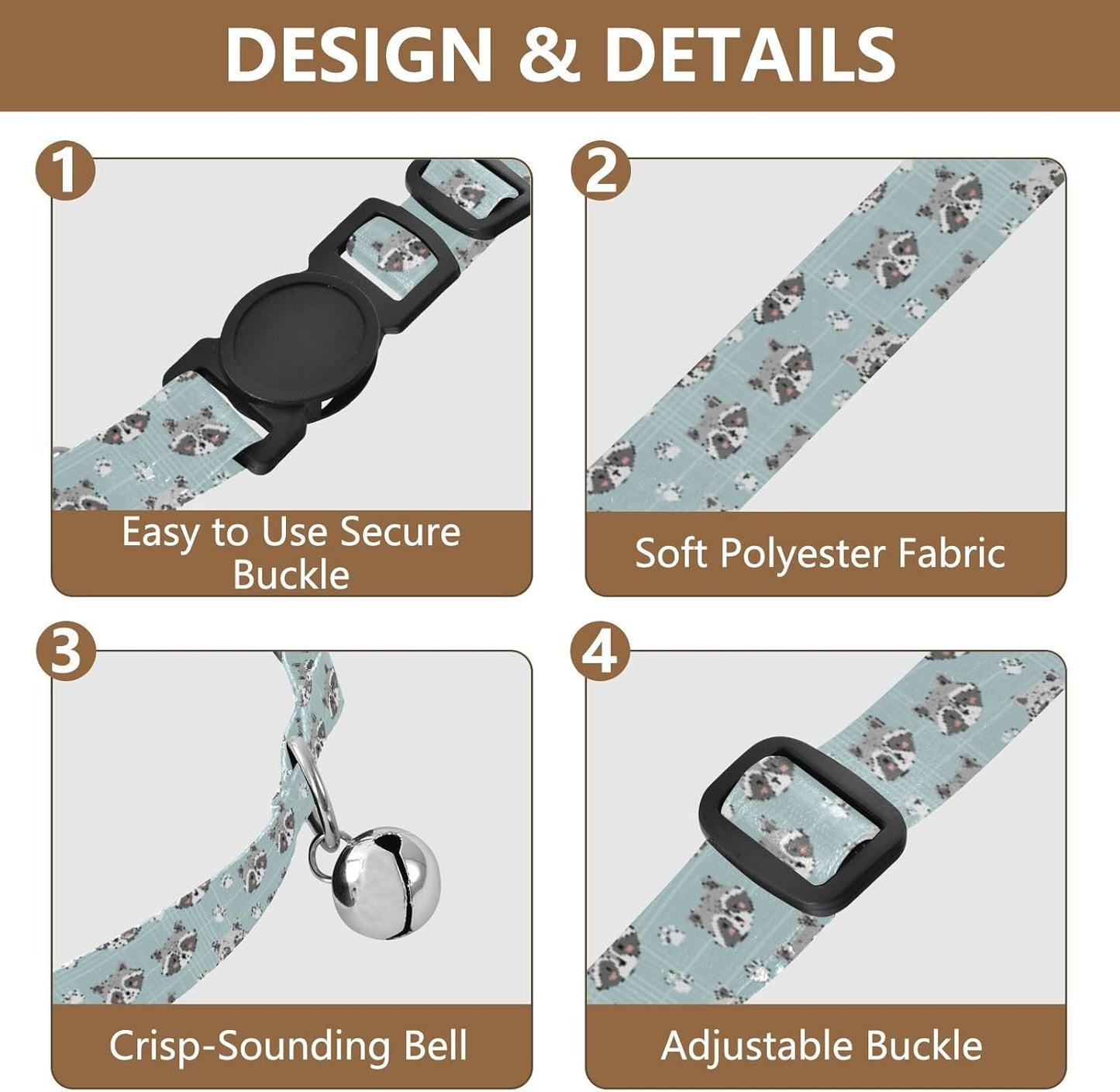 Cute Animals Raccoon Blue Print Dog Collar with Buckle Adjustable 2 Pack Pets Collar for Small Dogs Cats