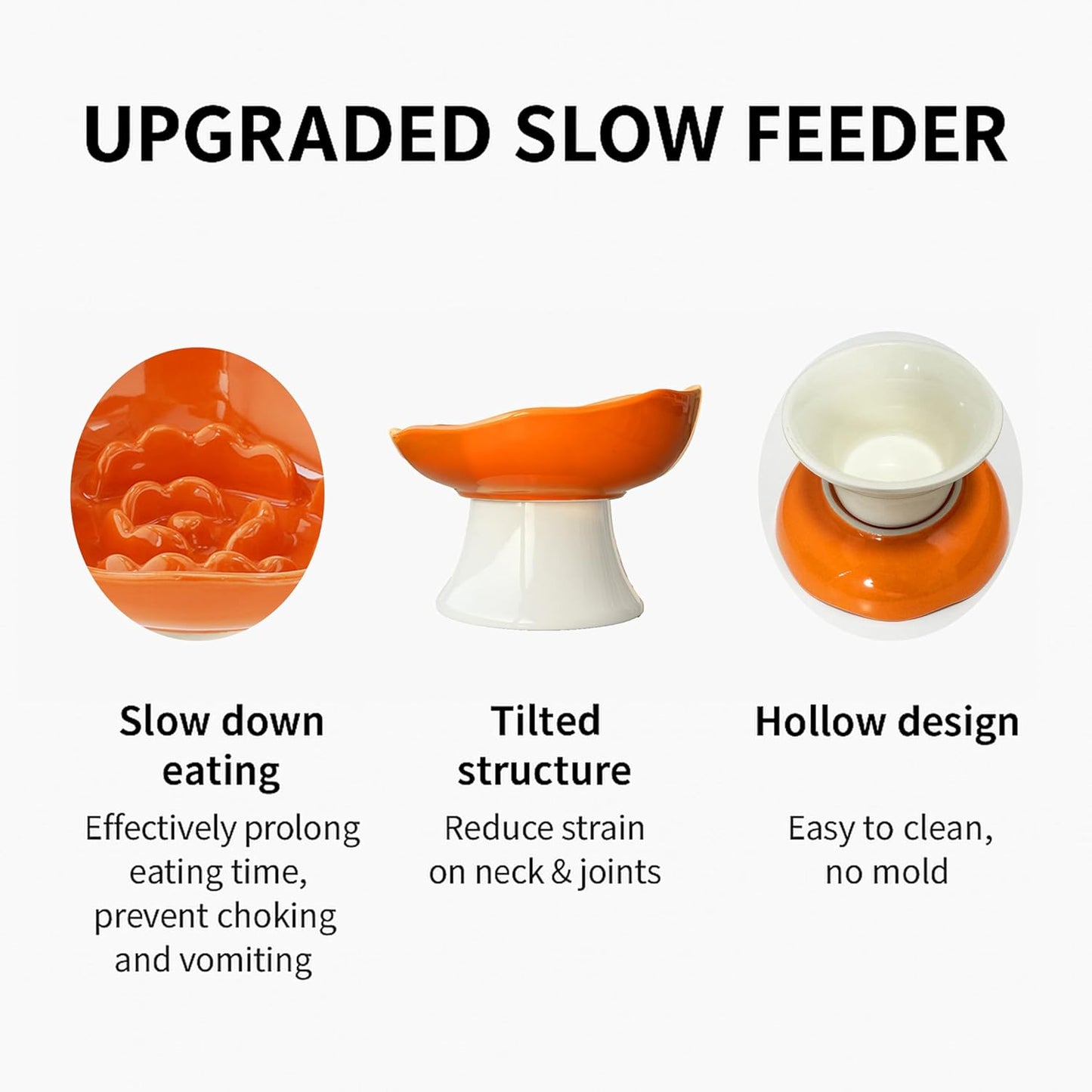 Ceramic Slow Feeder Bowl for Cats and Small Dogs, Elevated Tilted Pet Food Dish, Whisker Friendly Anti-Vomit Design, Heavy Stable Base, Dishwasher Safe， 5 Colors Options (Ruby Red)