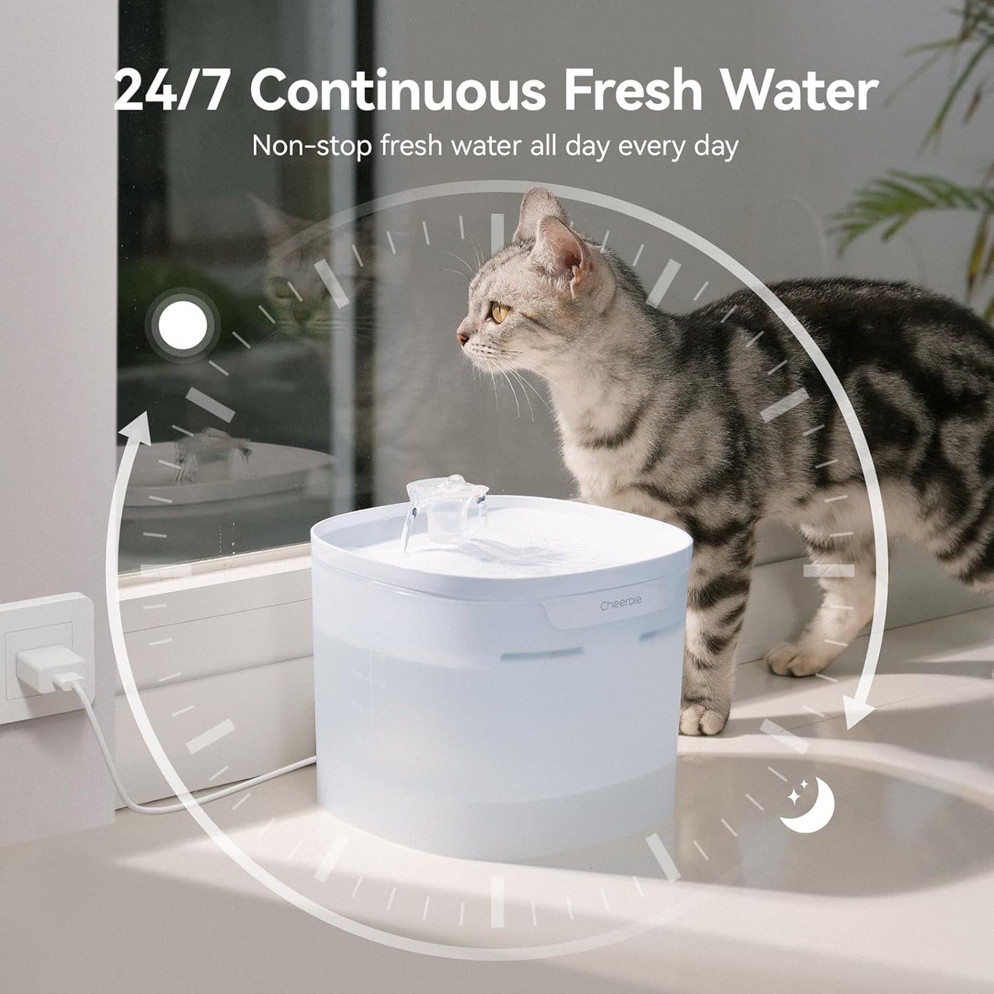 Cheerble Pumpless Cat Water Fountain, 2L/67oz Automatic Pet Fountain, Elfin E1 Lite Cat Fountain for Drinking, MagDrive™ Technology, Continuous Flow Mode, BPA-Free (Blue, E1 Lite)