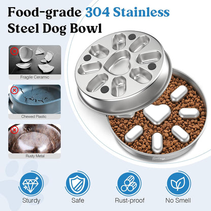 Slow Feeder Dog Bowls, 304 Stainless Steel Slow Feed Pet Bowl with Non-Slip Base for Medium Breed Dogs to Stop Bloat Prevent Choking, Dishwasher Safe, Silver