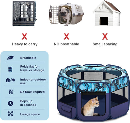 Dog Playpen, Pet Playpen, Portable Cat Playpen, Foldable Puppy Playpen Exercise Kennel Tent with Carry Case Collapsible Bowl,Water-Resistant Shade Cover for Indoor Outdoor Travel （Bule,Medium