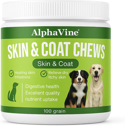 Skin & Coat Chews for Dogs, Salmon Flavor — 100 Soft Chews — Omega 3 6 9 from Fish Oil and Wild Alaskan Salmon Oil with Vitamin E and Biotin — Helps Maintain Healthy Skin and a Shiny Coat — AlphaVine