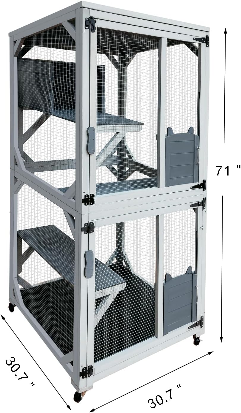 30.7" Wooden Catio Outdoor Cat Enclosure, Cat House on Wheels with 4 Platforms,Napping House & Weatherproof Asphalt Roof, Kitty Cage Shelter with Sliding Doors,Gray