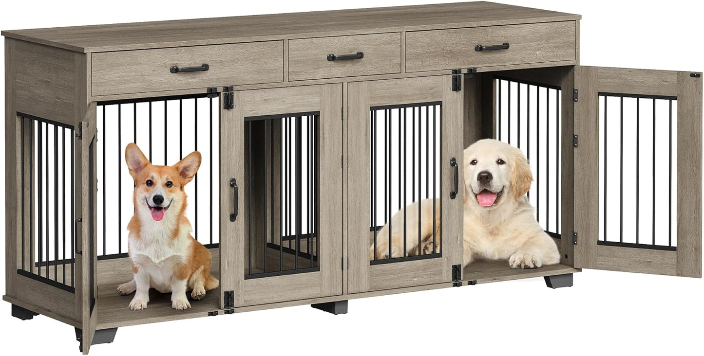 XXL Wooden Double Dog Crate Furniture for 2 Large or Medium Dogs – Indoor Kennel with 3 Drawers, Removable Divider, Double Doors, TV Stand & End Table, Classic Oak (Grey)
