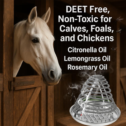 Livestock Mosquito & Fly Repellent Coils 10 Pack, Natural Citronella for Cattle, Horses, Goats, Chickens, 12-Hour Burn Time, Farm & Stable Outdoor Insect Protection, with 1 Holder & 2 Stands