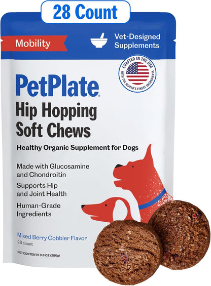 PetPlate Hip Hopping Soft Chews for Dogs, Hip and Joint Supplements, Organic and Human-Grade Ingredients, Mobility Support, Pet Supplies (Pack of 1, 9.8 Ounce)