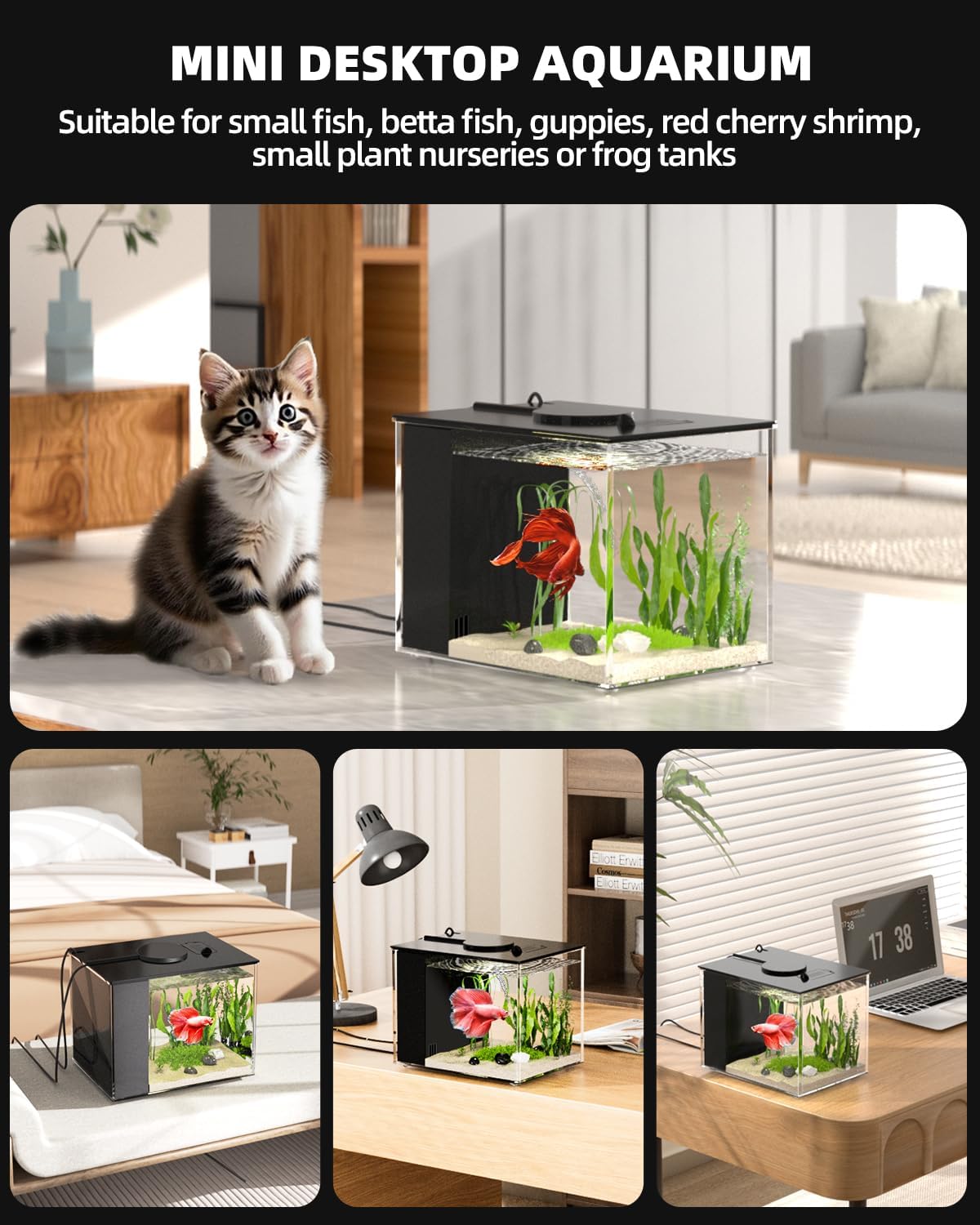 Betta Fish Aquarium 2.9L (0.78 Gal), Acrylic Small Fish Tank Kit with Water Filter Pump & LED Light, Ideal for Small Fish, Shrimp and Plants, Black