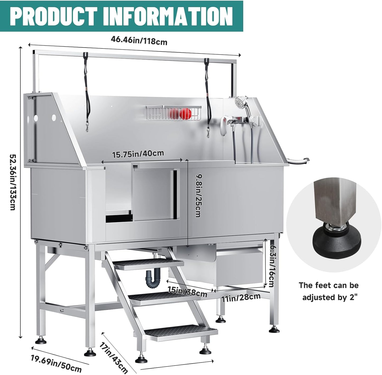 Dog Washing Station 46"" Dog Grooming Tub with Right Stair& Faucet, Dog Bathtub for Large,Medium,Small Pets, Stainless Steel Dog Bathing Station for Home (Left Door)