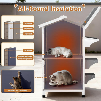 Insulated Outdoor Cat House with Insulated Liner 2 Story Weatherproof Elevated Outside Cat Shelter for Feral Multi Cat