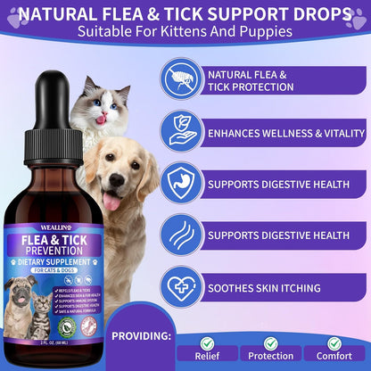 Flea and Tick Prevention Support Drop for Dogs & Cats + 200 Chews for Cats | Pets Oral Natural Supplement Flea and Tick Treatment for All Breeds and Ages