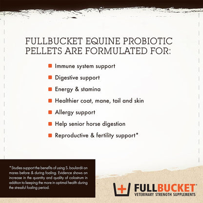 FullBucket Equine Probiotic Pellets with Saccharomyces boulardii for Horses Under Stress or for Horses with Digestive Issues - 25 Billion CFUs - 30 Servings