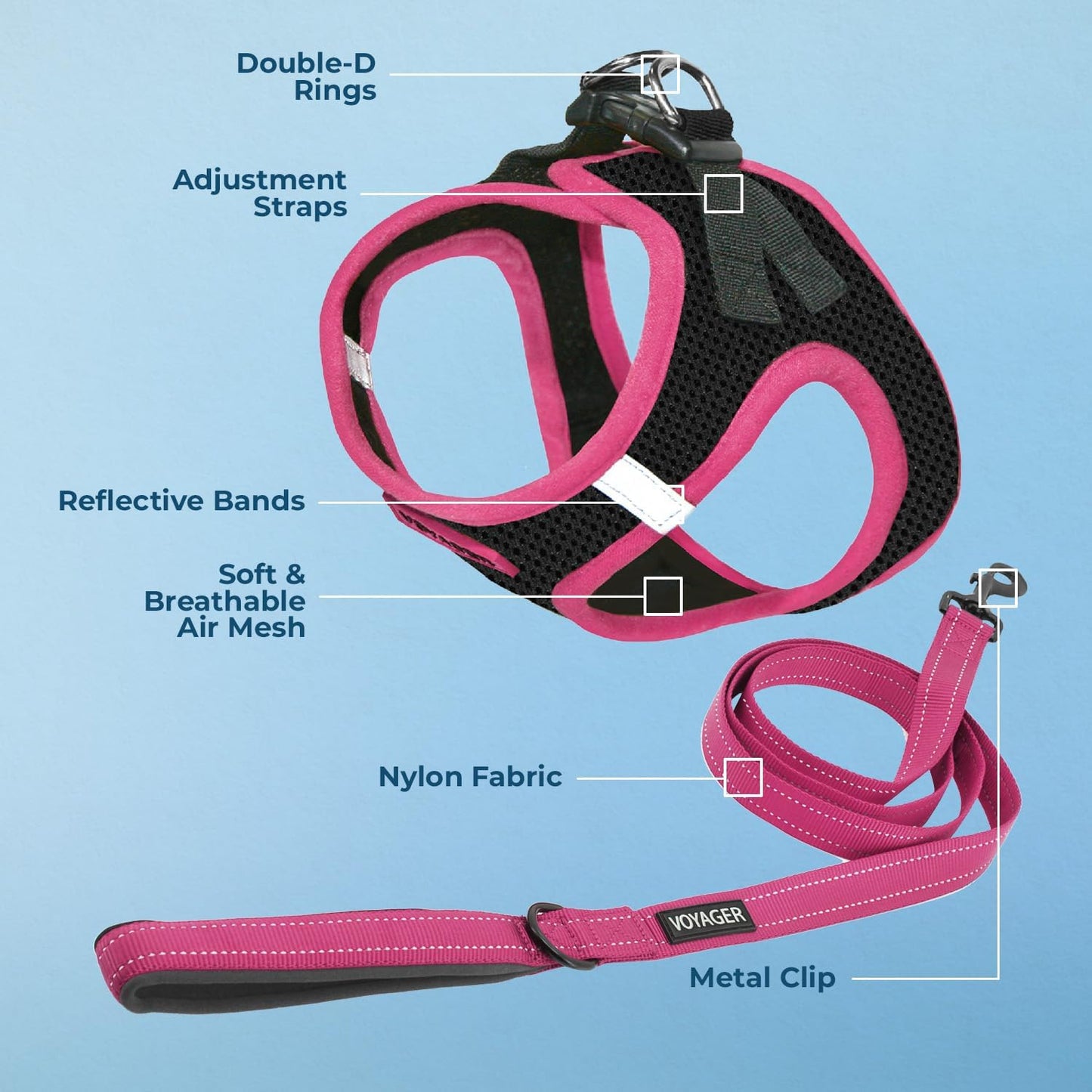 Best Pet Supplies Voyager Step-in Air All Weather Mesh Harness and Reflective Dog 5 ft Leash Combo with Neoprene Handle, for Small, Medium and Large Breed Puppies - Black/Pink Trim, X-Large