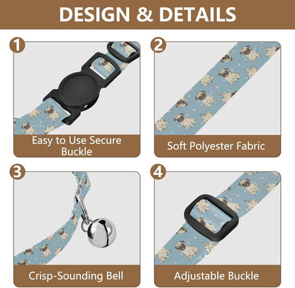 Cute Animals Pugs Blue Pattern Dog Collar with Buckle Adjustable 2 Pack Pet Safety Necklace for Small Dogs Cats