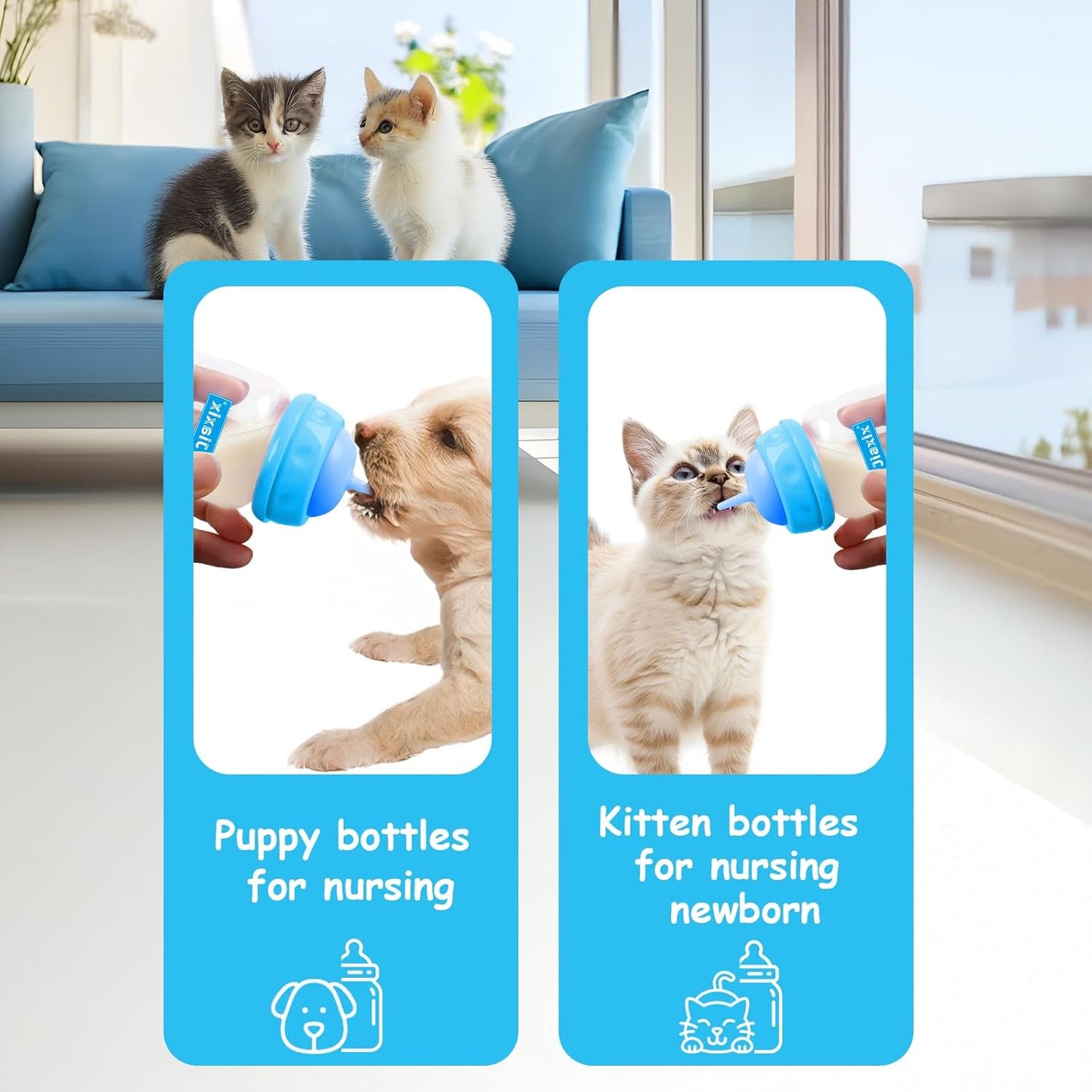 Pet Bottle Feeding Kit, Puppy & Kitten Nursing Supplies, Blue, 60ml Bottle with Anti-Choking Silicone Nipples & Syringes, Newborn Flow, Dishwasher Safe