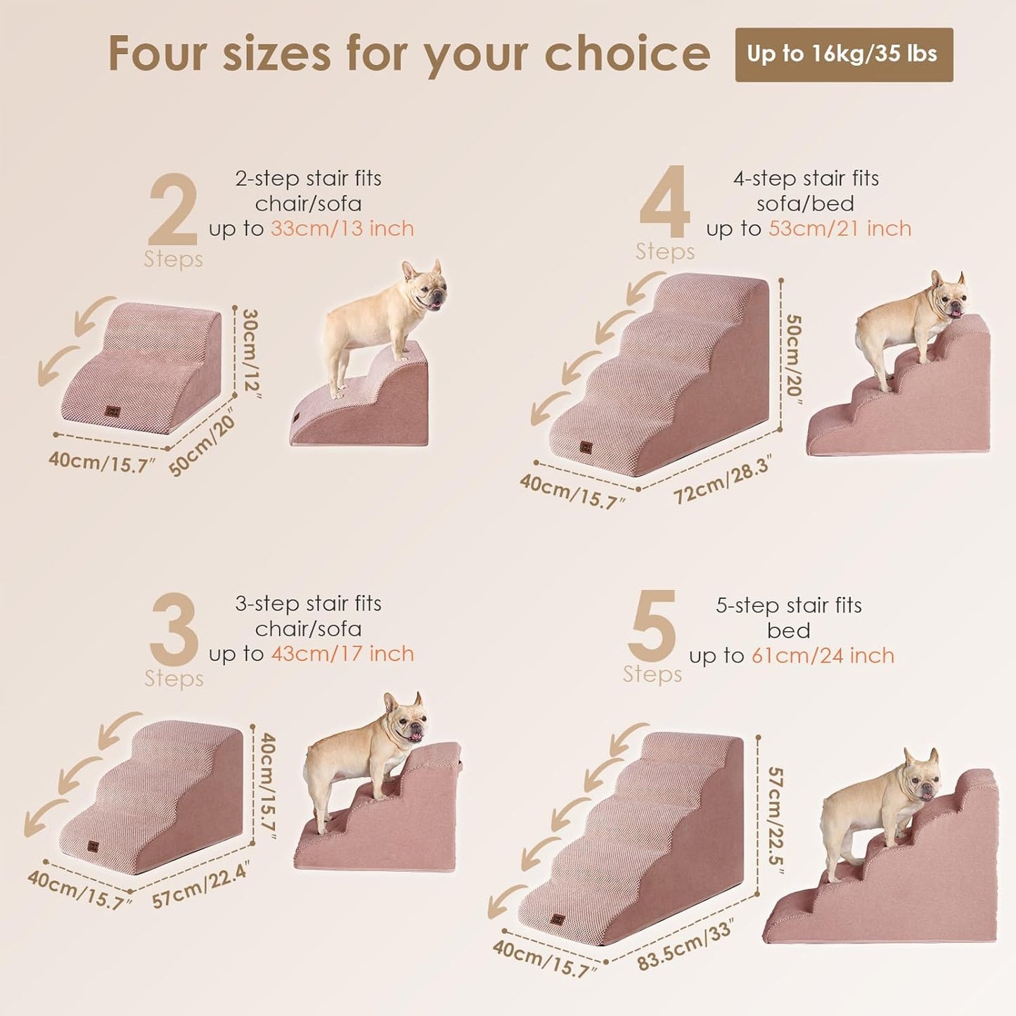 EHEYCIGA Curved Dog Stairs Ramp for High Beds 22.6" H, 5-Step Dog Steps for Small Dogs and Cats, Pet Stairs for High Bed Climbing, Non-Slip Balanced Pet Step Indoor, Dusty Pink